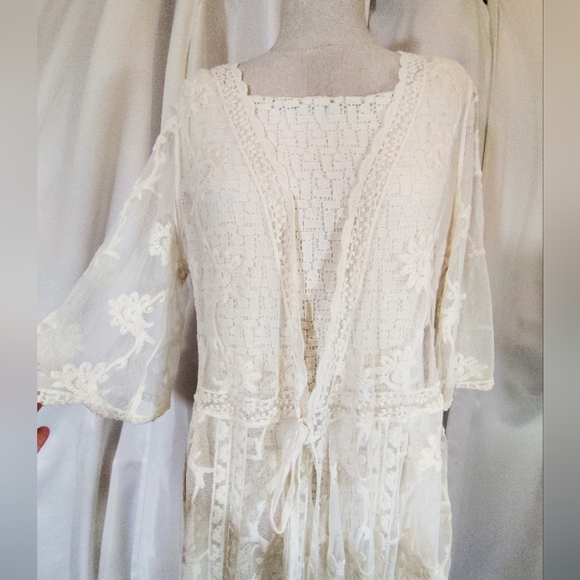 2 Pc:Banana Republic Lace Dress+Cardigan CoverUp, Ivory, Midi, 1/2 Sleeve, M/L - Picture 5 of 16